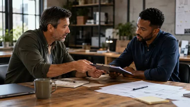 two small-business professionals reviewing a project together during a clear delegation handoff.