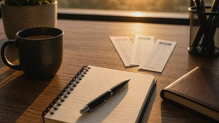 Warm morning sunlight across a focused workspace with a notebook, coffee, pen, and softly blurred checklist slips.