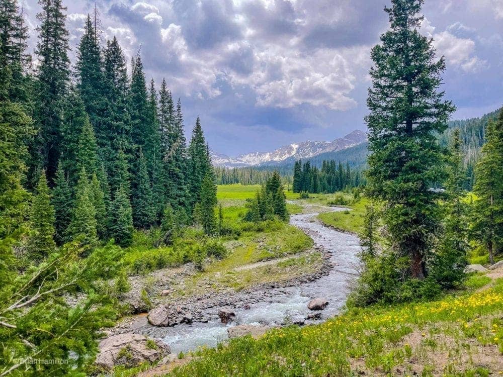 The West Fork Cimarron River winds through a vibrant meadow near Owl Creek Pass, framed by wildflowers and rugged peaks, captured by Brian Hamilton in July—a serene off-grid escape.