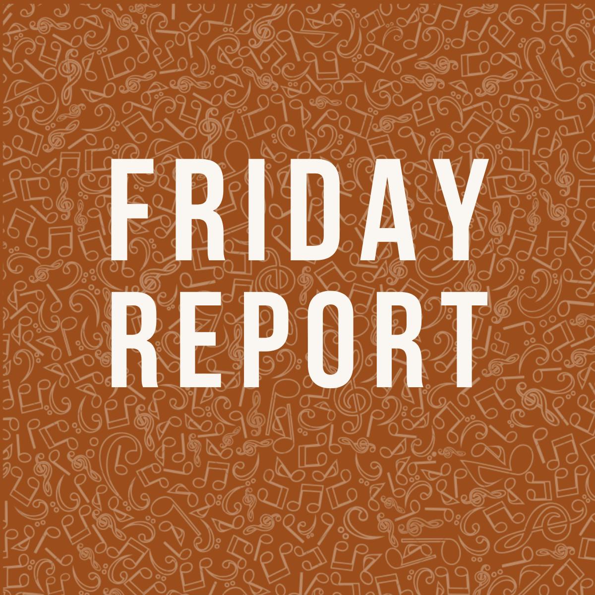 an orange square with friday report written in white