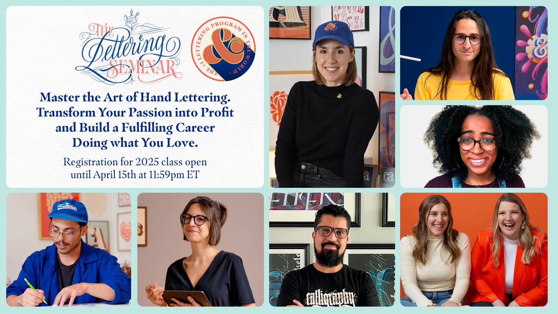 An image of The Lettering Seminar program featuring portraits of Martina Flor, Jimbo Bernaus, Alanna Flowers, Ilana Griffo, Katie Johnson, Jackson Alves, Elias Prado, and Carla Bonomini.