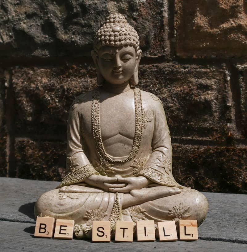 Serene buddha statue with "be still" spelled out.