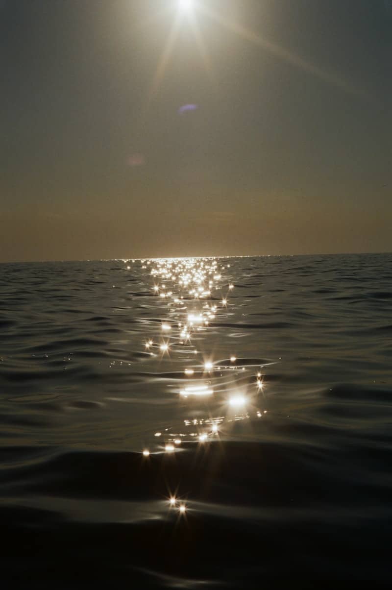 Low sun reflecting in sparkling starburst patterns on the surface of dark water.