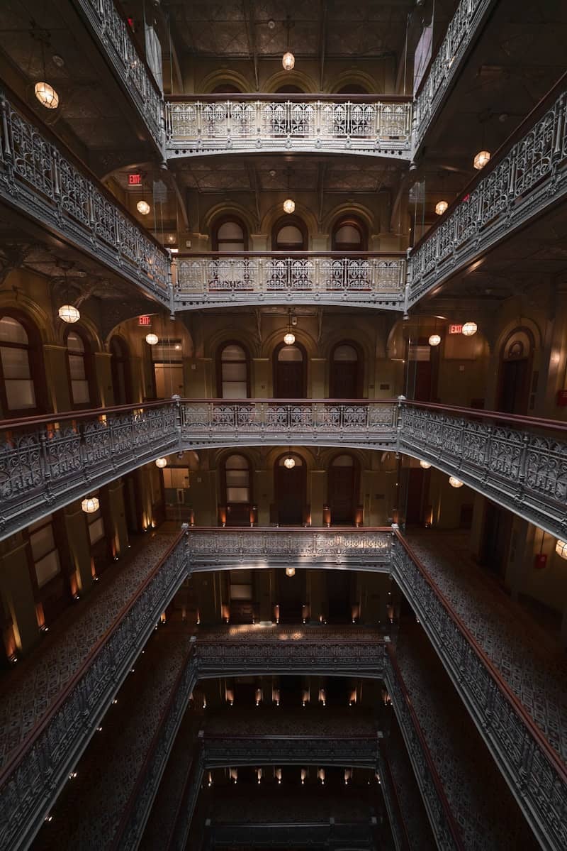 Ornate, multi-level interior of a historic building.