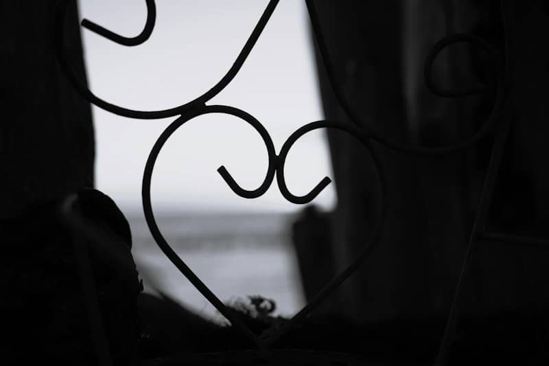 A heart-shaped metal wire frame silhouette against a blurred outdoor background