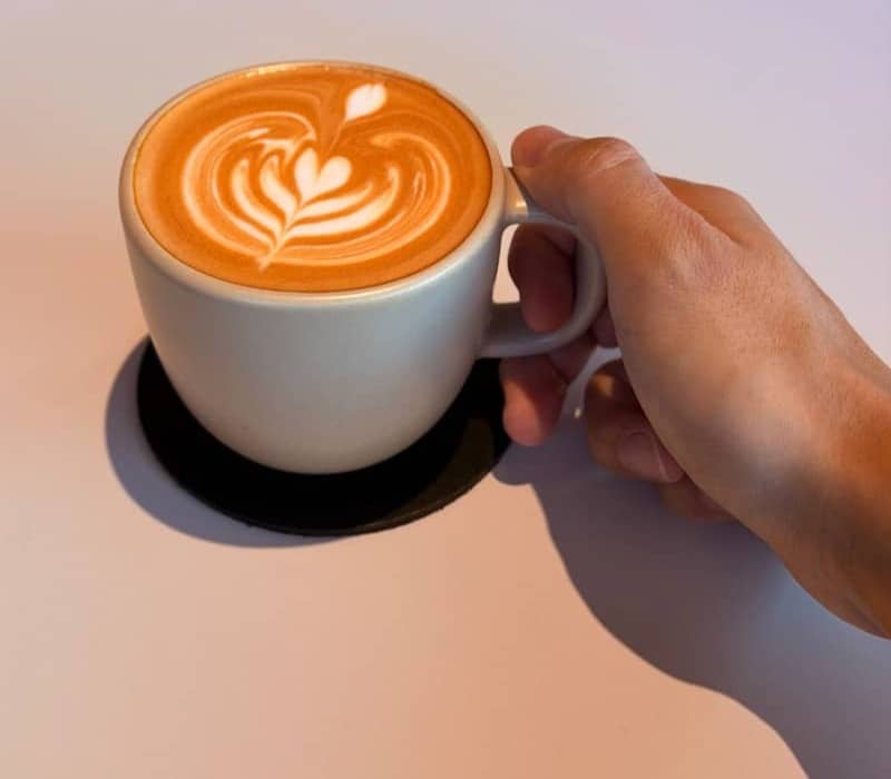 Hand holding a latte with intricate foam art