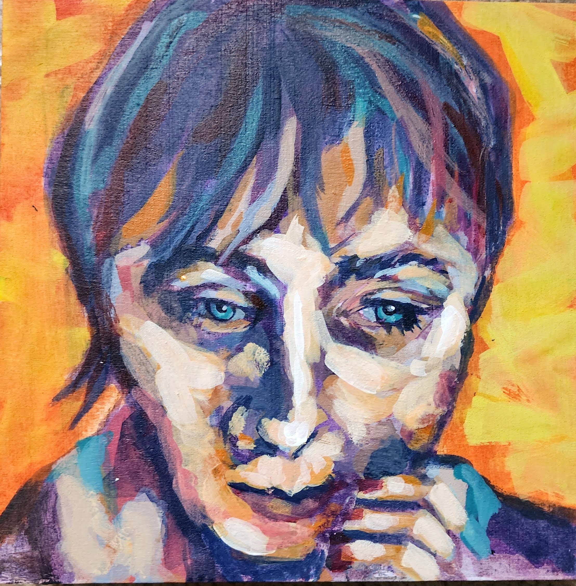 Colorful portrait painting of a woman in deep worry.
