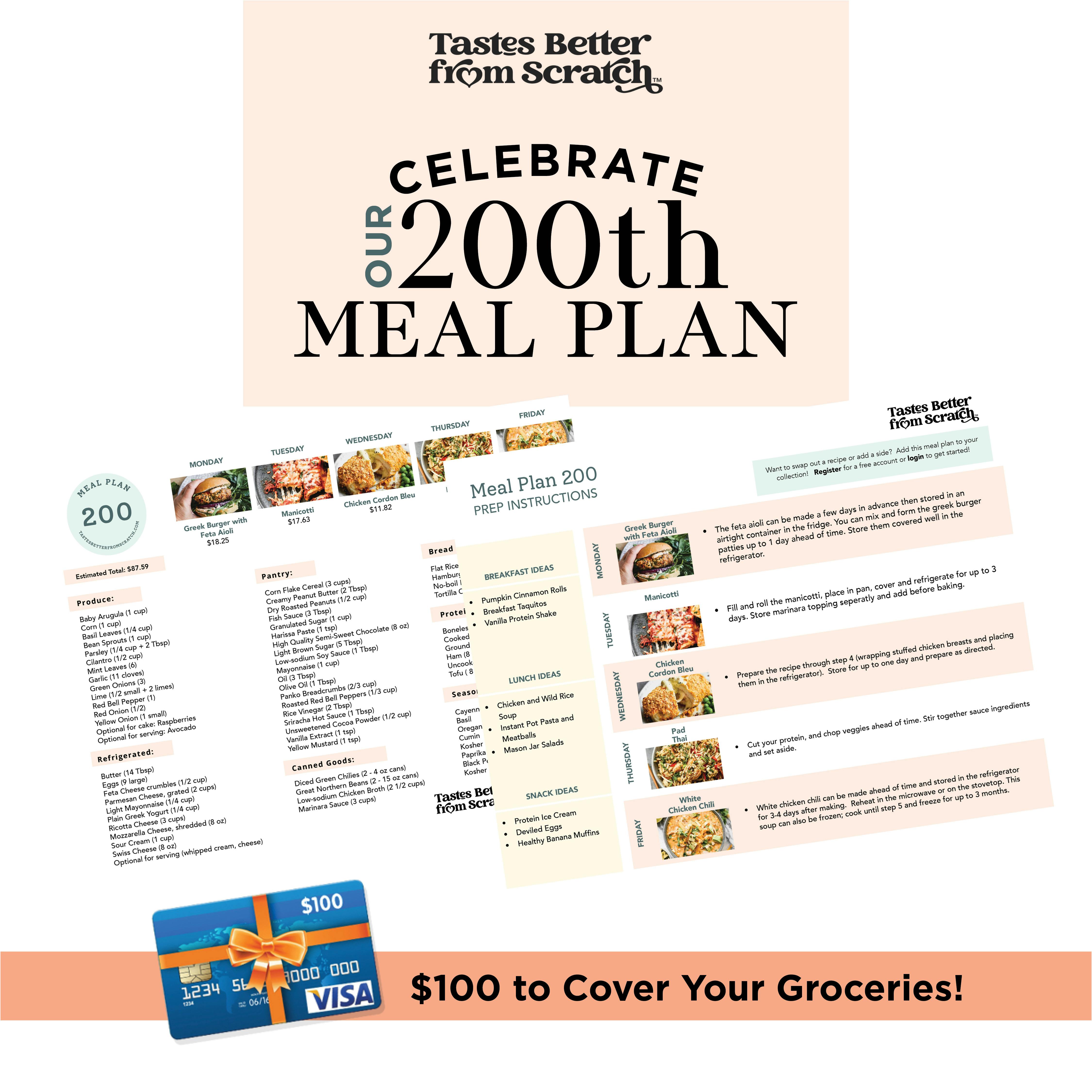 TBFS Celebrate Our 200th Meal Plan.  Win $100 gift card to cover your groceries for the week! 