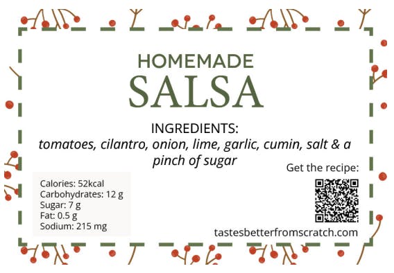 homemade salsa ingredients: tomatoes, cilantro, onion, lime, garlic, cumin, salt, and a pinch of sugar. Also pictured is a QR code for the recipe and nutritional information 