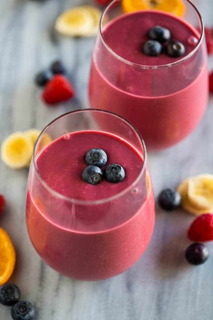 Healthy Breakfast Smoothie topped with fresh blueberries