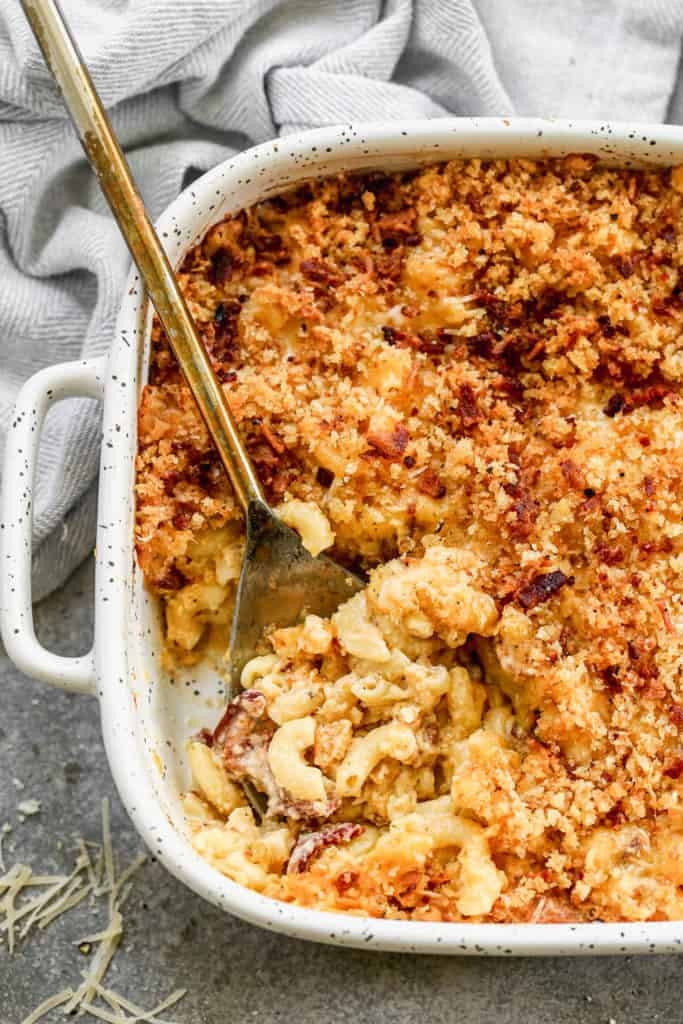 Baked Mac and Cheese served in a 9X13 pan and topped with bread crumbs