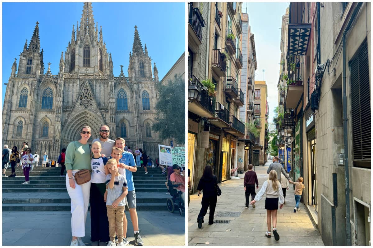 The Allen Family in front of the cathedral of Barcelona, and walking streets in El Born district.