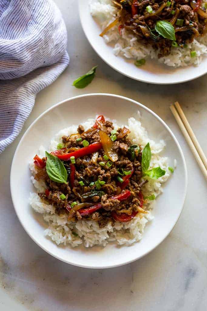 Thai Basil Beef served over white rice