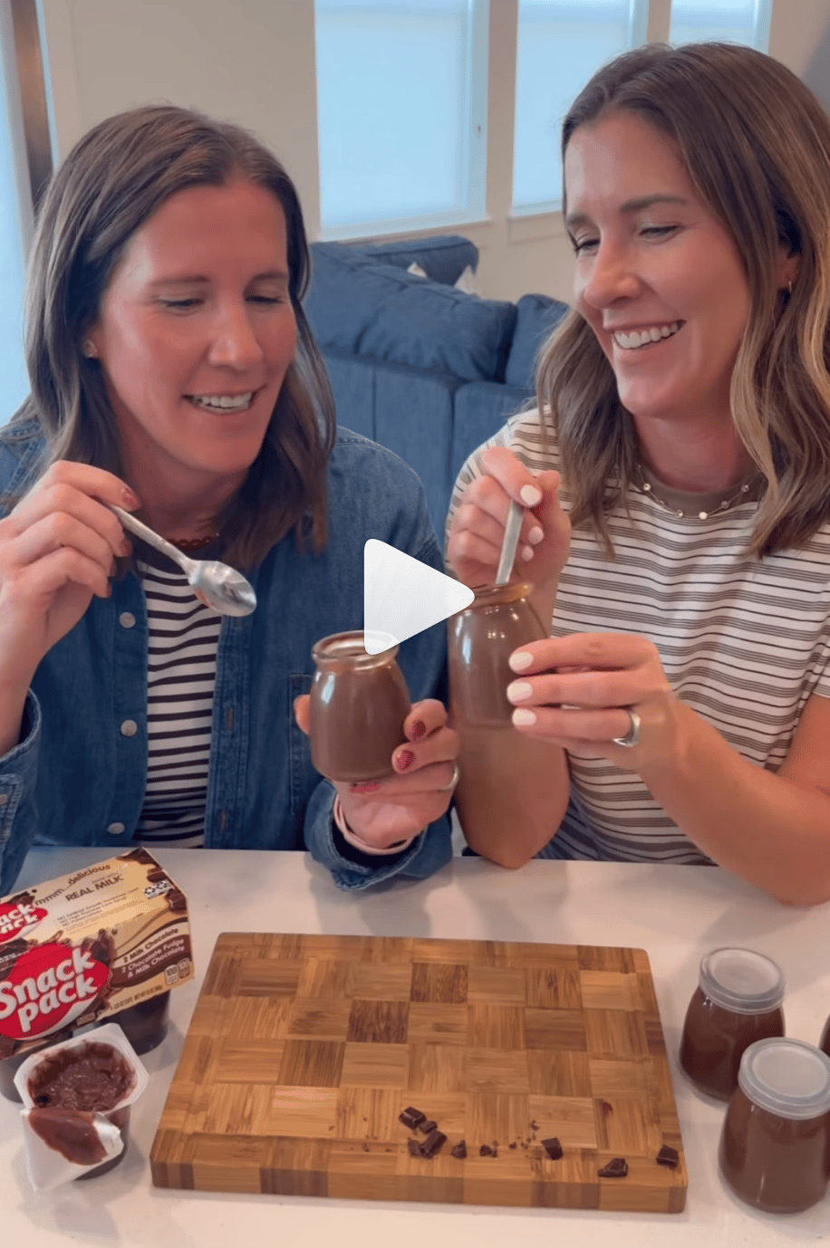 Lauren and Liz trying chocolate pudding vs store bought pudding on Instagram