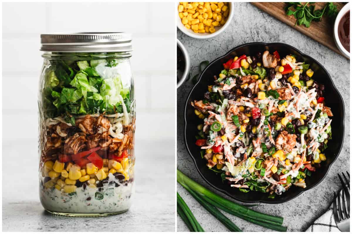 BBQ Chicken salad side by side with the jar of salad on the left and the bowl on the right.
