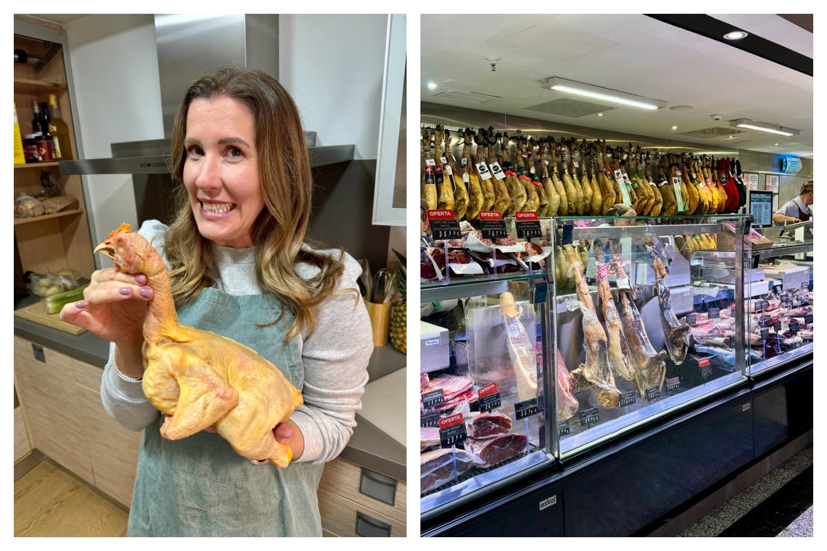 Lauren holding a whole chicken, next to a photo of a meat shop in Barcelona.