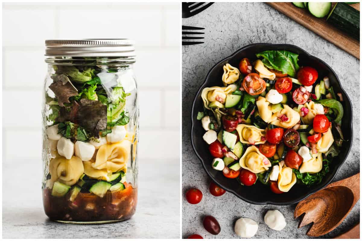 Side by side of the Tortellini Salad with the jar on the left and a completed bowl of salad on the right.