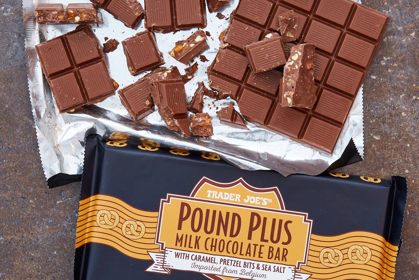 Trader Joes Pound Plus Milk Chocolate Caramel Pretzel Bar.