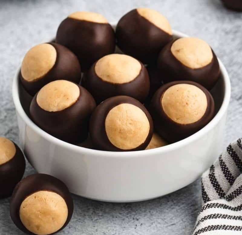 A bowl of homemade Buckeyes, ready to enjoy.