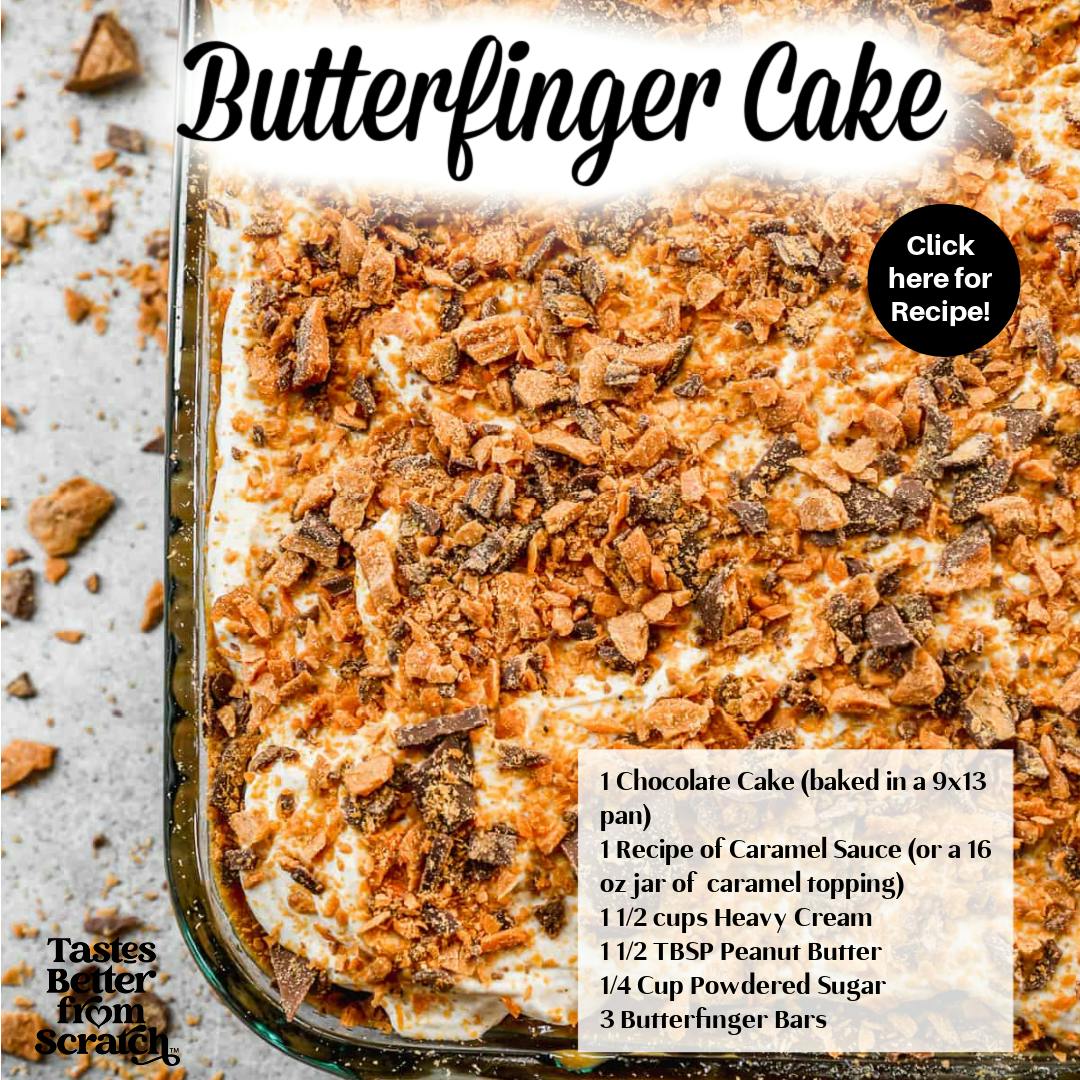 Butterfinger Cake starts with a chocolate cake, poked and drizzled with caramel sauce and sweetened condensed milk, and topped with the most incredible peanut butter whipped cream and chopped butterfingers.