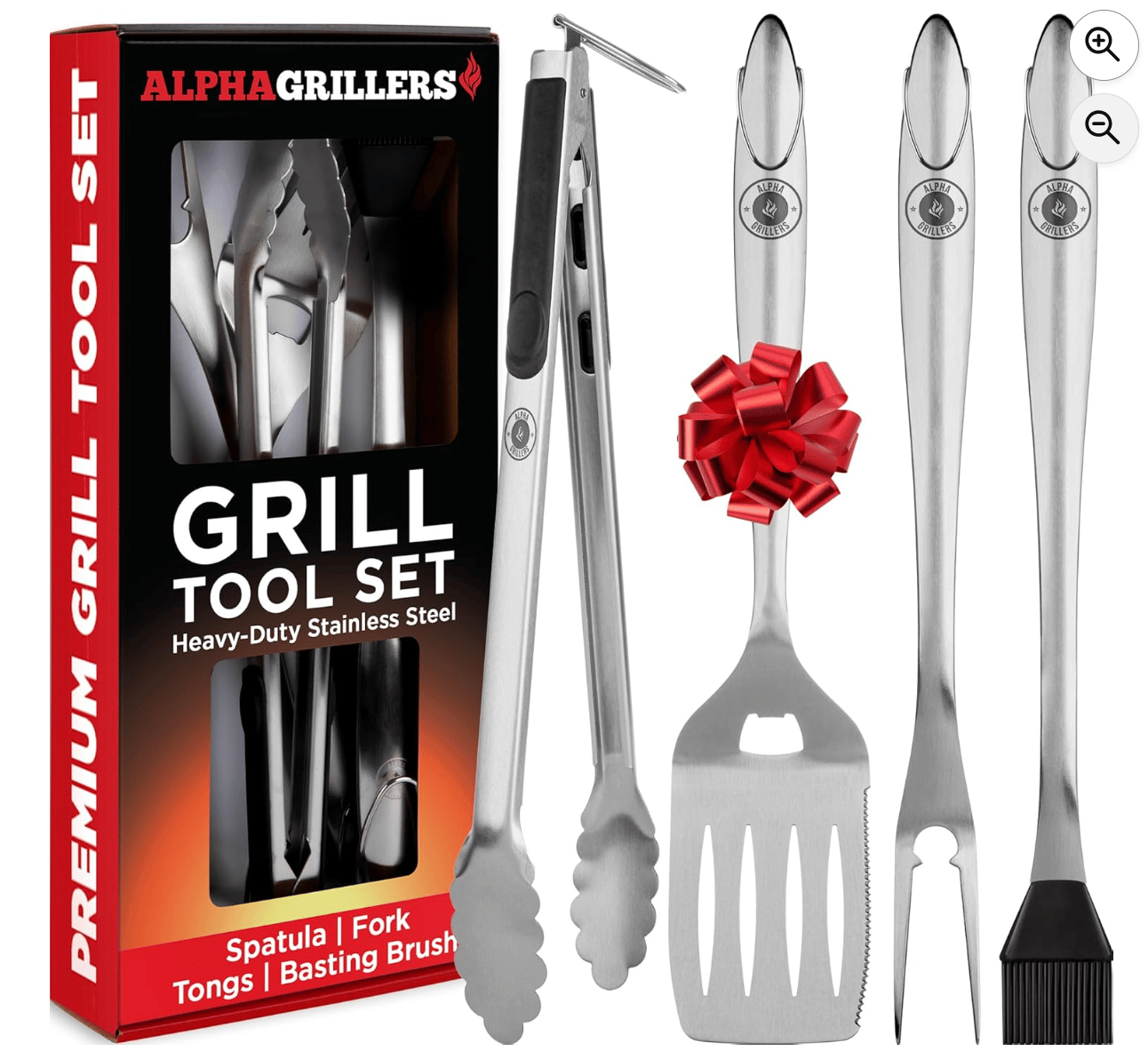 Grill tool set with a red bow on the spatula. Picture shows the set in a box and individually. Includes tongs, spatula, 2 pronged tool, and brush.