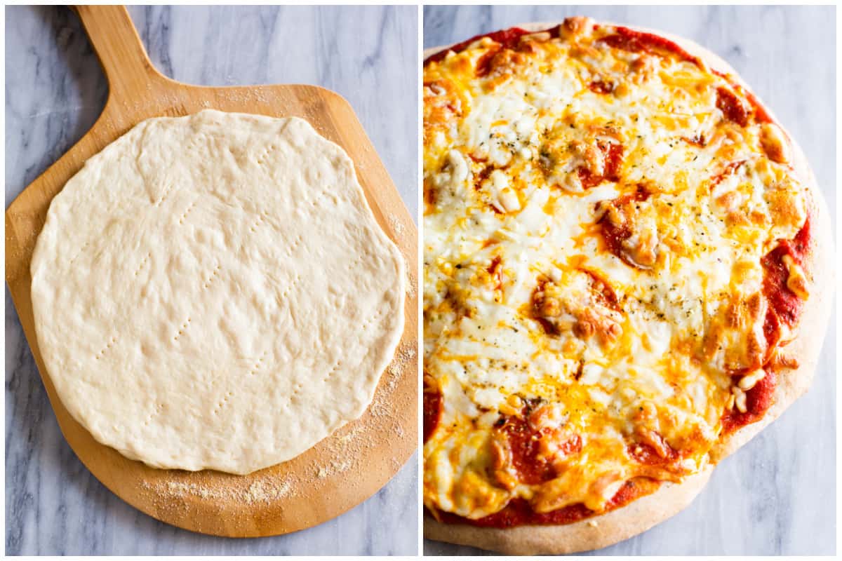 Side by side of pizza dough and the finished baked pizza