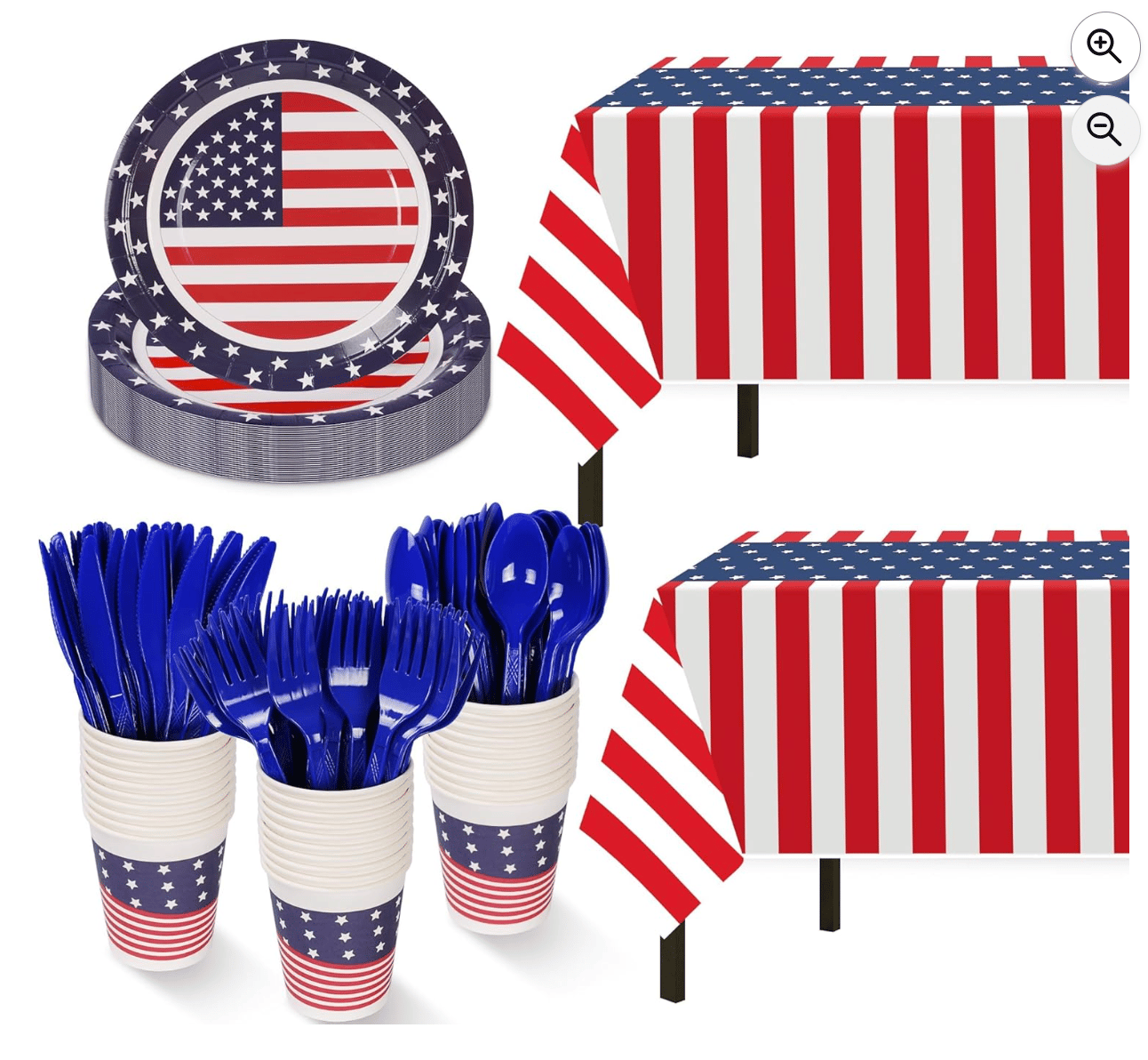 4th of July party supplies including paper plates, cups, table cloth, plasticware, and napkins. 