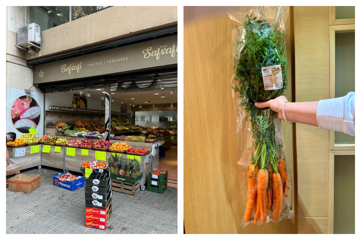 A photo of a fruit and veggie stand in Barcelona, and a bunch of carrots with the leaves attached.