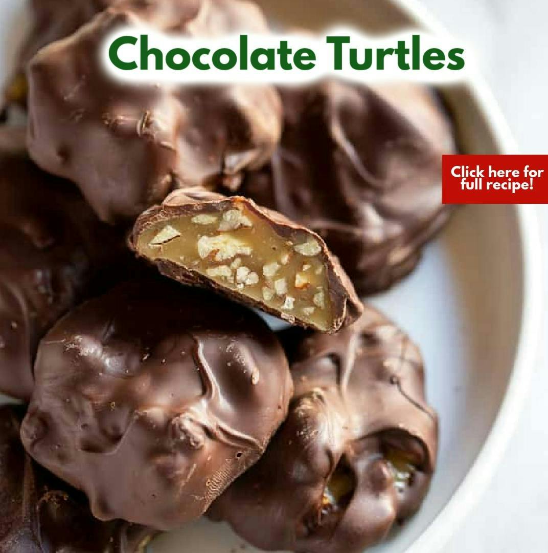 chocolate turtles stacked in a white bowl