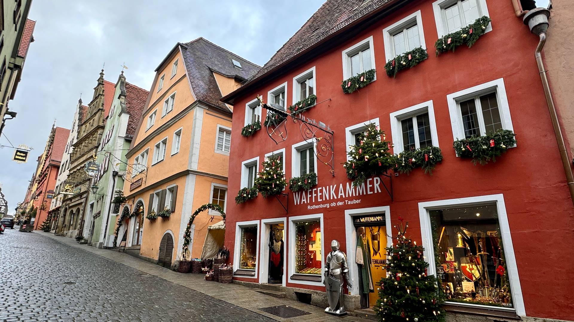 Christmas decorated street in Rothenburg de ob Tauber.