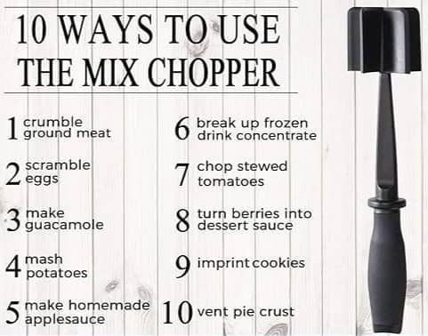 Meat Chopper and ways to use it. Crumble ground meat, scramble eggs, mash potatoes, make homemade apple sauce, break up frozen drink concentrate, chop stewed tomatoes, turn berries into dessert sauce, imprint cookies, vent pie crust.