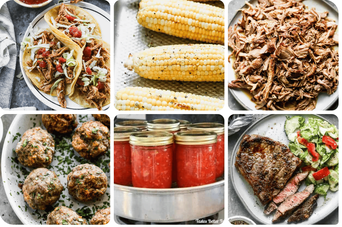 Collage Image of Slow Cooker Chicken Tacos, Grilled Corn on the Cob, Shredded Pork, Air Fryer Meatballs, Tomatoes, and Steak.