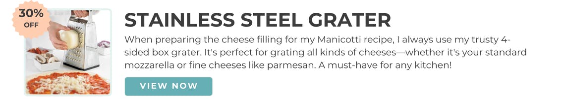 When preparing the cheese filling for my Manicotti recipe, I always use my trusty 4-sided box grater. It's perfect for grating all kinds of cheeses—whether it's your standard mozzarella or fine cheeses like parmesan. A must-have for any kitchen!