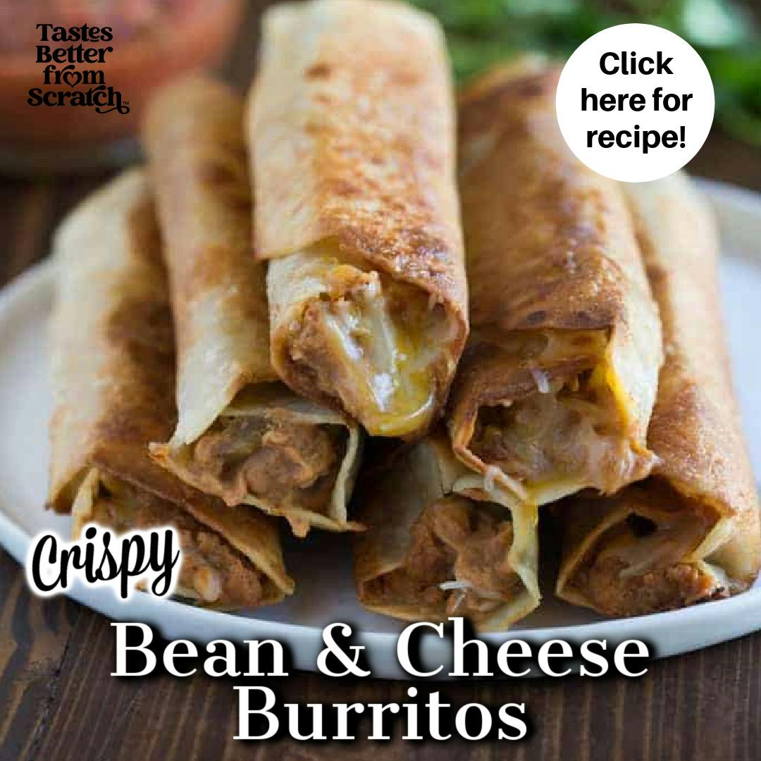 Crispy Bean and Cheese Burritos on a white plate, click picture for recipe