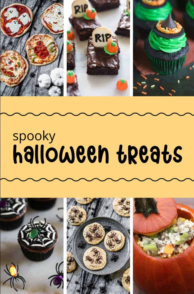 Spooky Halloween Treats Collage featuring Halloween Pizzas, Halloween Brownies, Witch Cupcakes, Spider Cupcakes, Spider Chocolate Chip Cookies, Dinner in a Pumpkin.