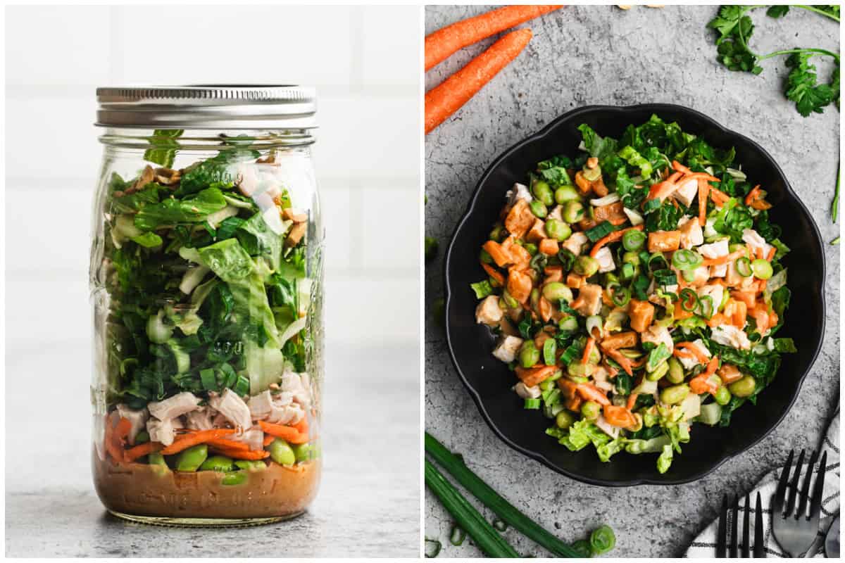 Side by side of Thai salad with the mason jar on the left and the finished salad on the right.