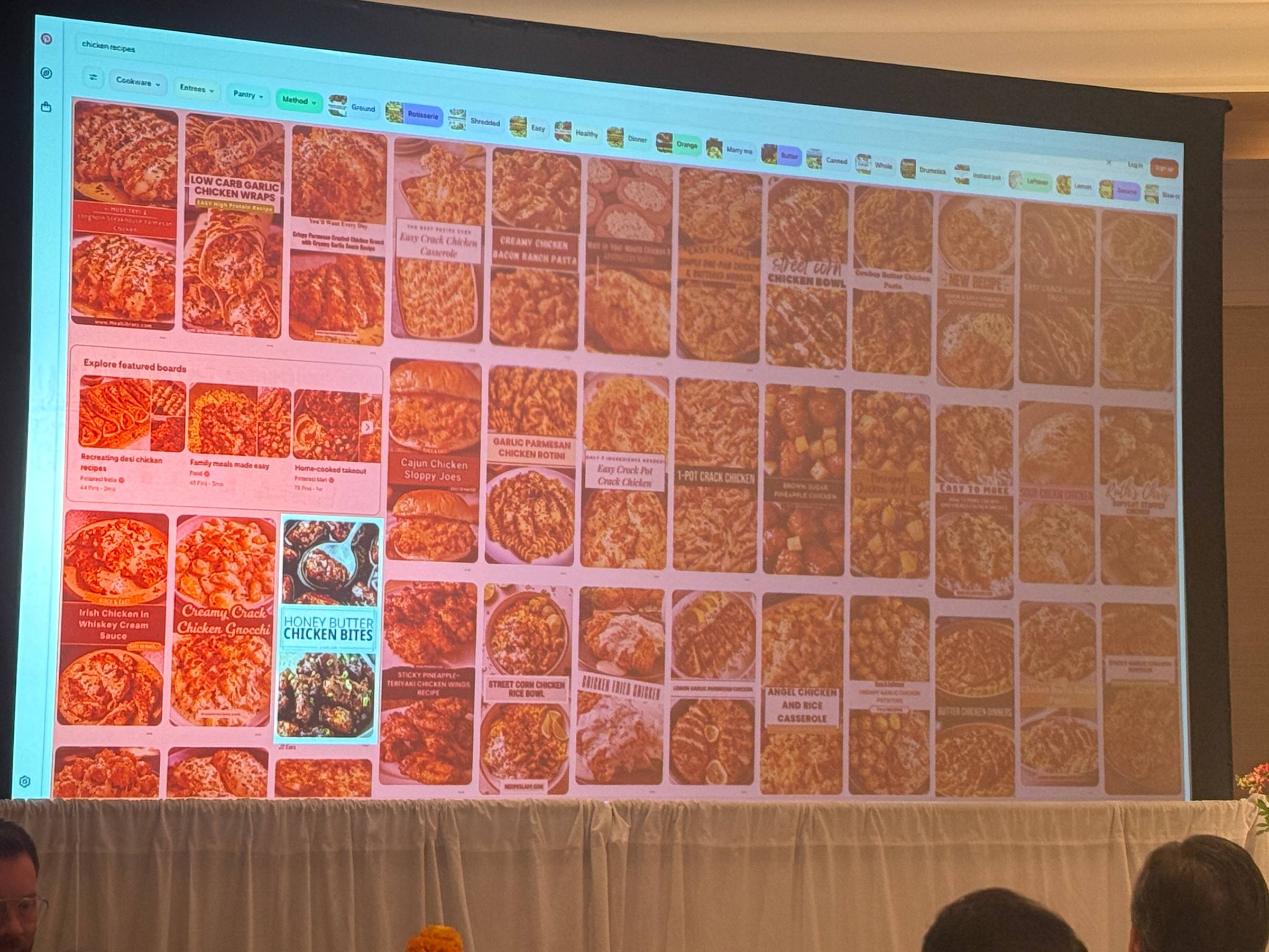 Screenshot of a conference presentation slide showing a Pinterest search results page for 'chicken recipes,' with a large grid of AI-generated recipe pin thumbnails highlighted in red to show how much of the feed is AI content. Only 2 posts in the image are not highlighted red.