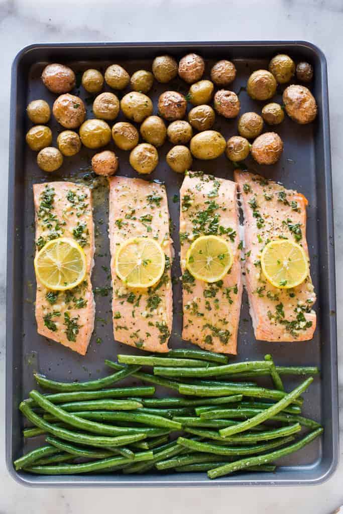 One Pan  Baked Salmon and Vegetables.