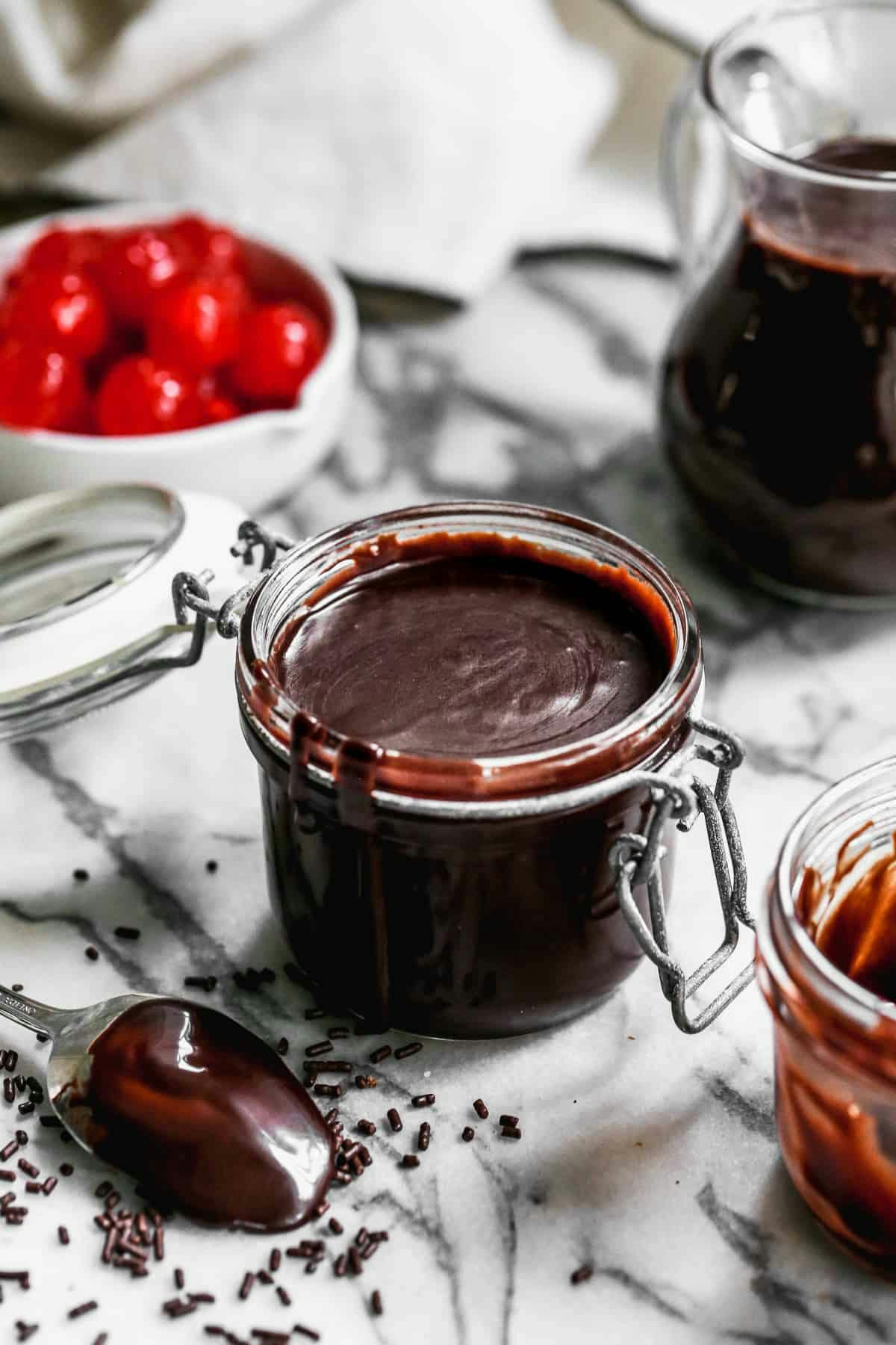 Hot fudge sauce in a glass jar