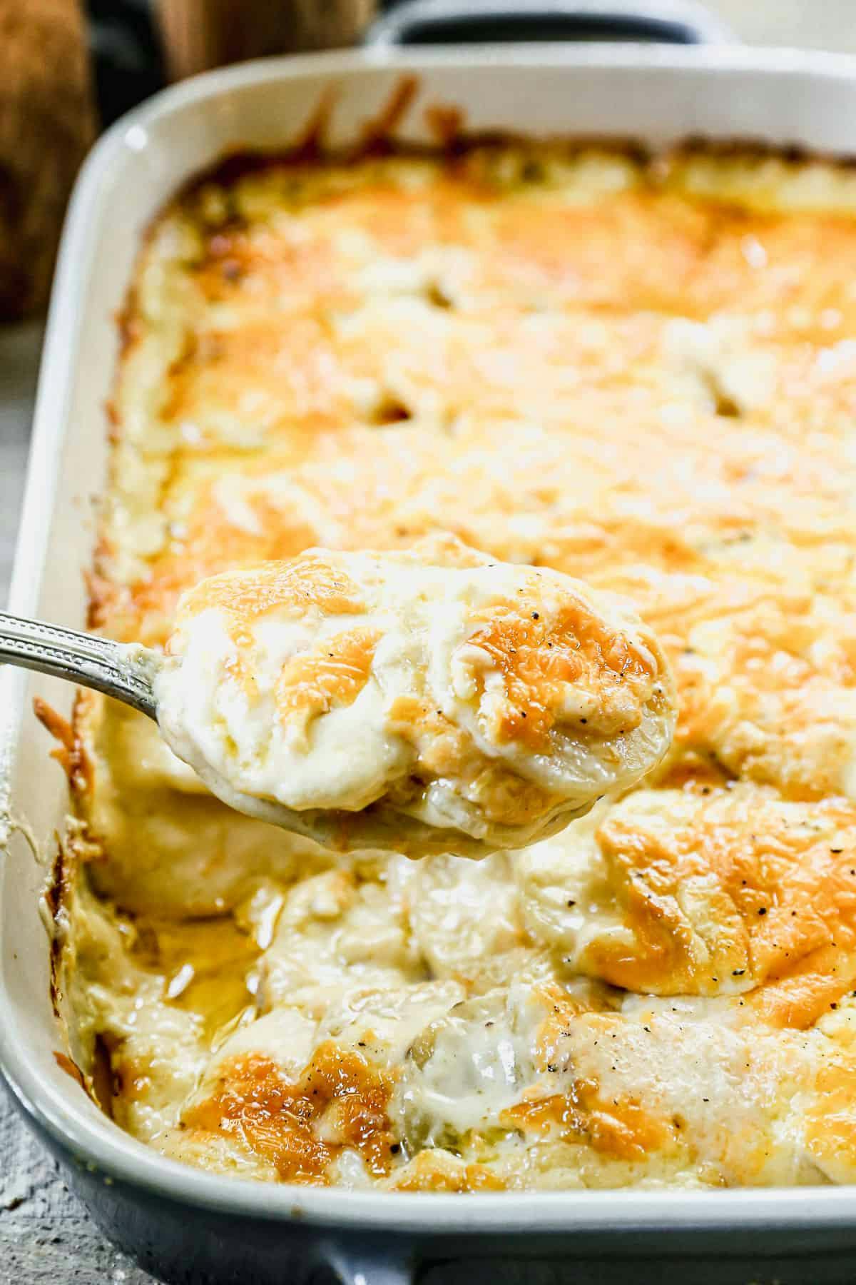 Potatoes Au Gratin served in a 9X13 white baking dish. Layers of thinly sliced potatoes and delicious cheese sauce baked to perfection!