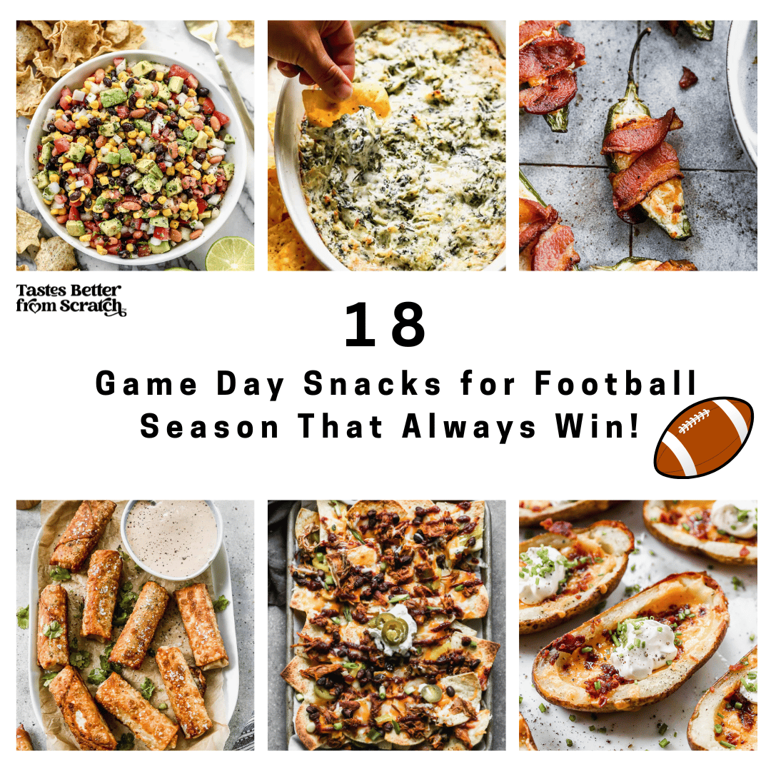 Collage of game day snacks.