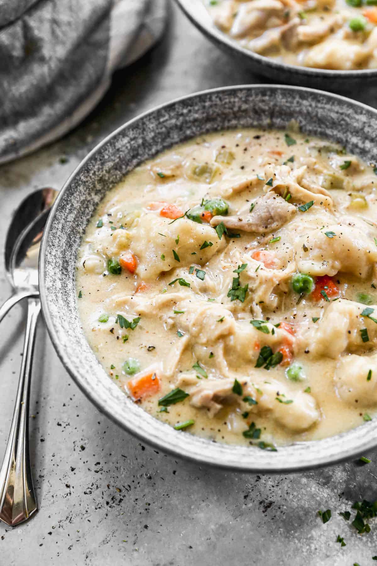 Chicken and Dumplings in a grey bowl