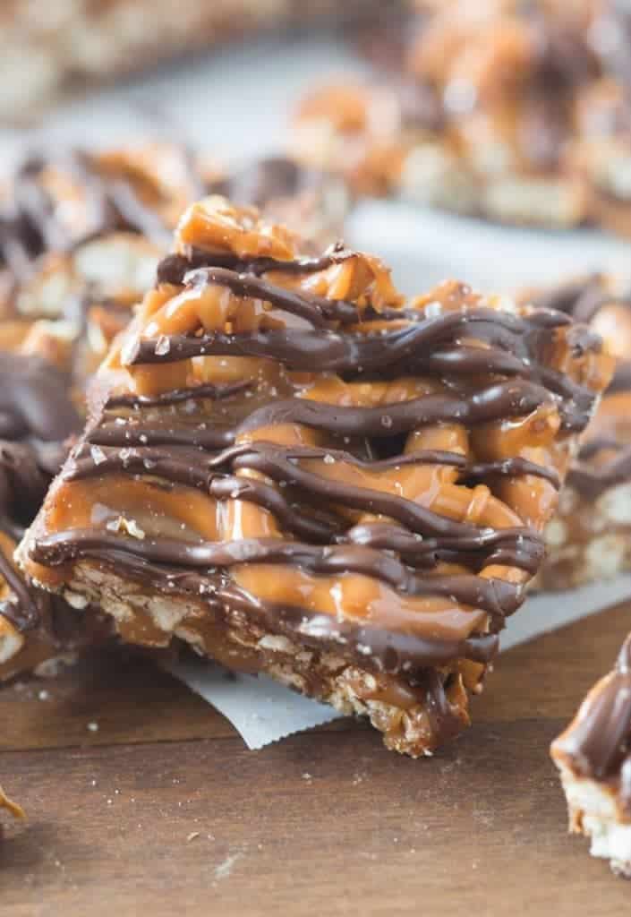 pretzel bar drizzled with chocolate and caramel