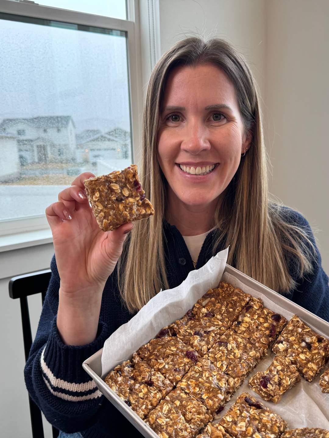 Lauren with homemade no bake granola bars. 