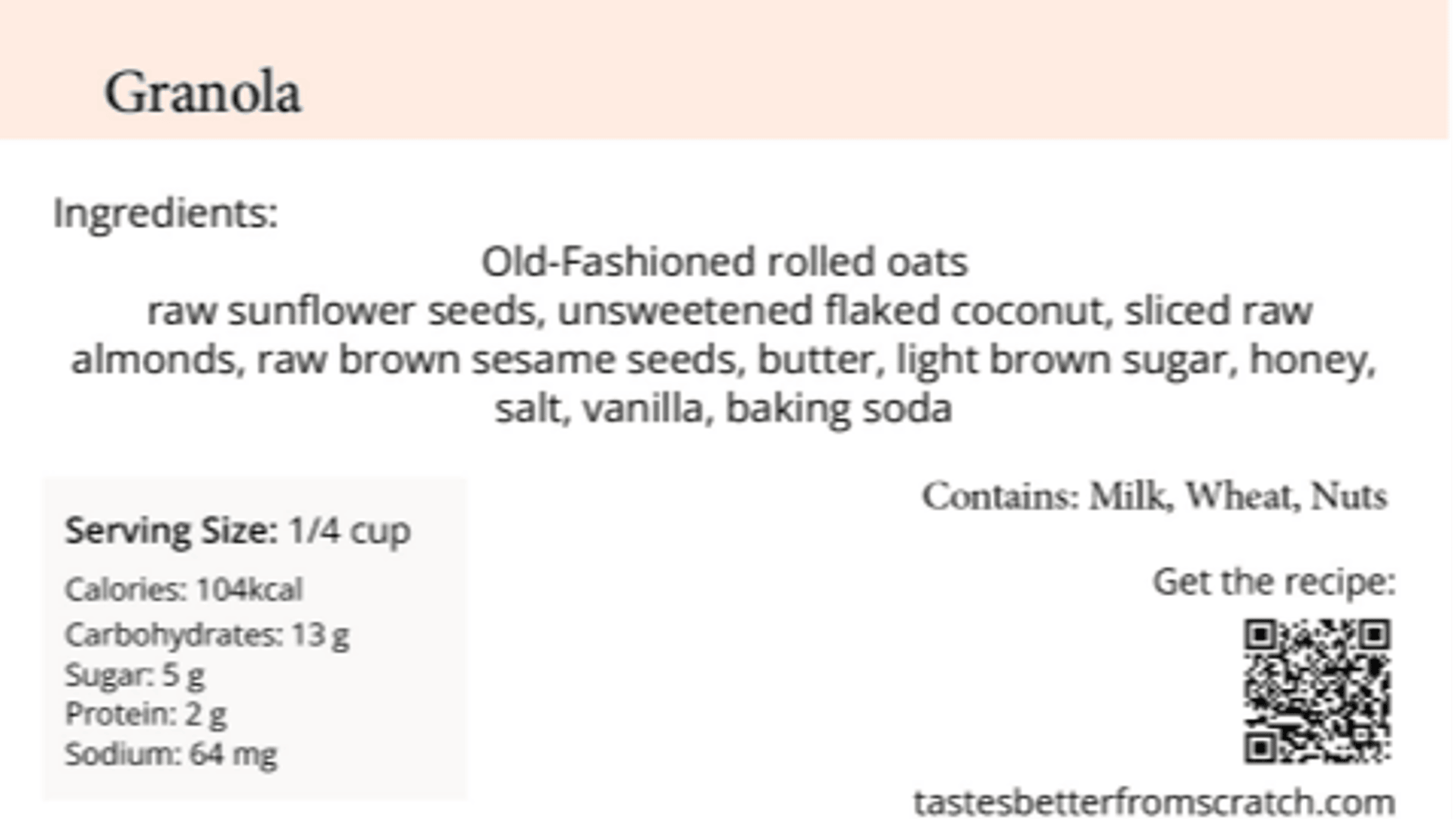 Ingredients and QR code for granola along with serving size.