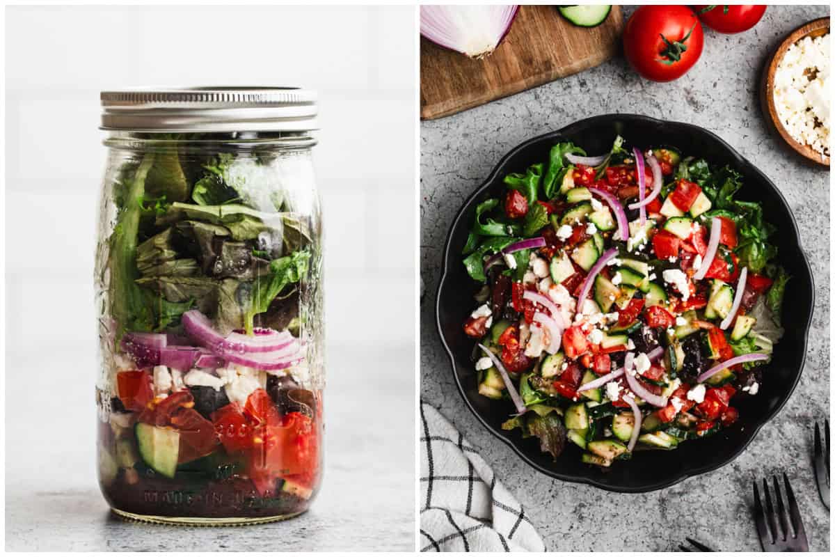 Side by side of the Greek salad with the jar on the left and the salad in a bowl on the right.