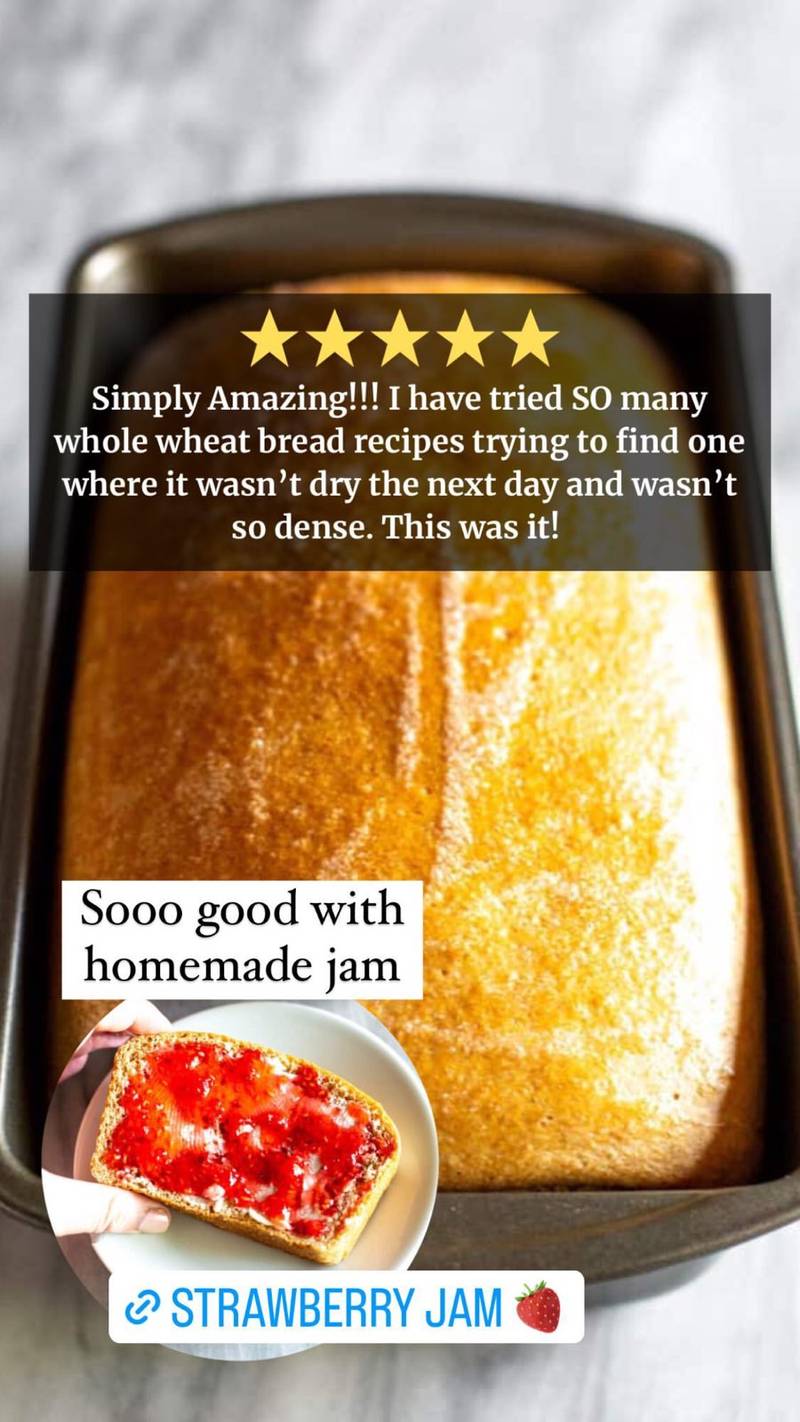 5 star review: Simply Amazing!!! I have tried SO many whole wheat bread recipes trying to find one where it isn't dry the next day and wasn't so dense. This was it!! (it's so good with homemade jam)