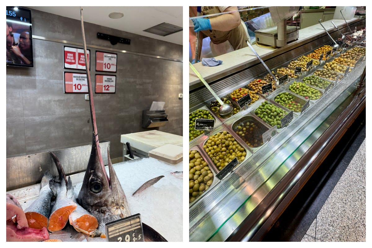 A swordfish head on ice in a fish shop, next to a photo of dozens of different types of olives.