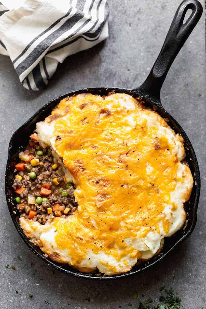 Cottage Pie served in a cast iron skillet