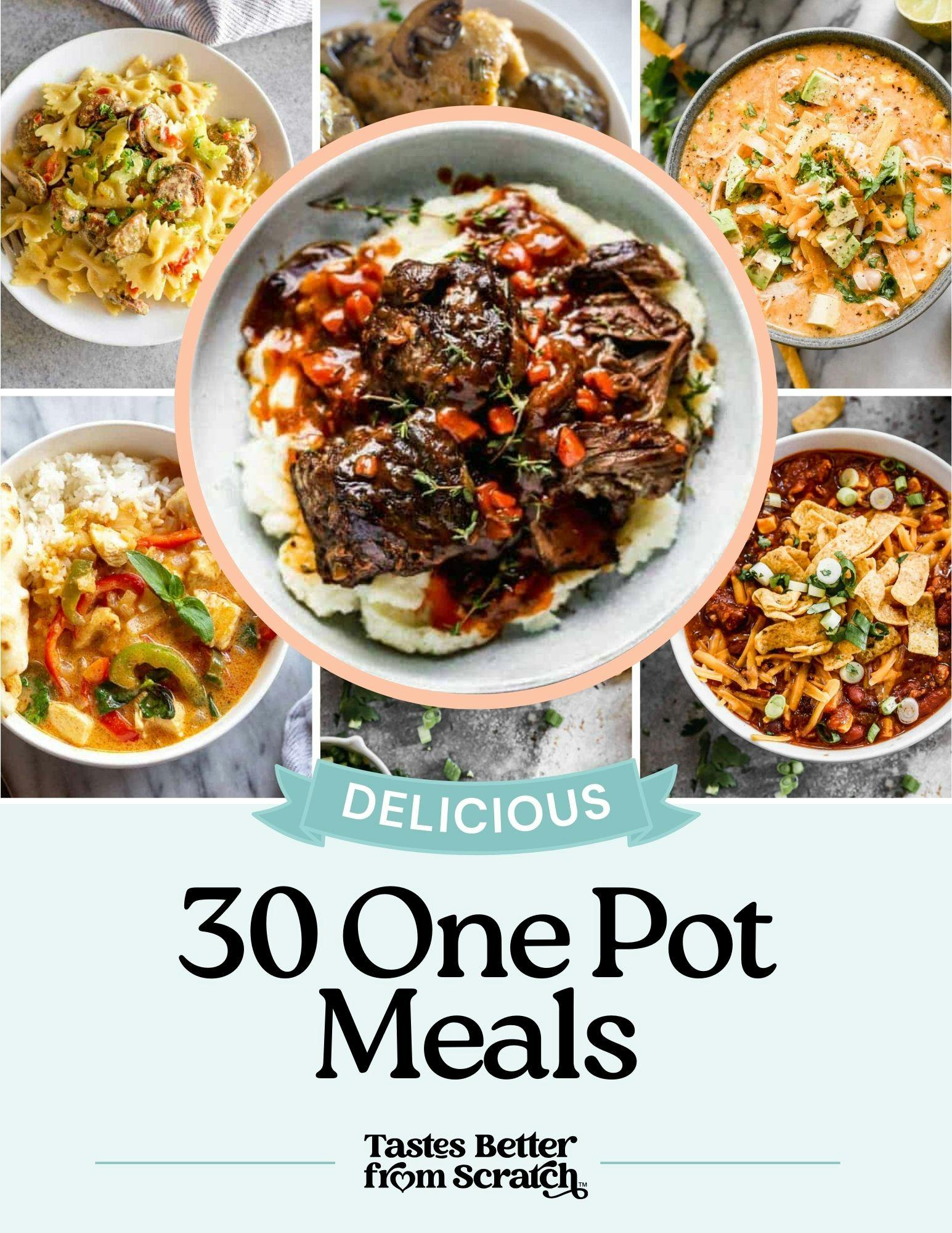 cover of one pot meals digital cookbook. 